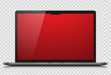 Fototapete - A realistic laptop with a red gradient screen and reflection on a transparent background. Vector illustration.