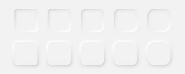 Square buttons in neumorphic style on a white background. A set of user interface design elements. Vector illustration.