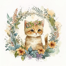 Watercolor Forest Cartoon Isolated Cute Baby Cat Animal. Illustration AI Generative