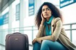 Candid portrait of a young woman in an airport experiencing flight delays and travel plan changes worried and anxious, generative ai