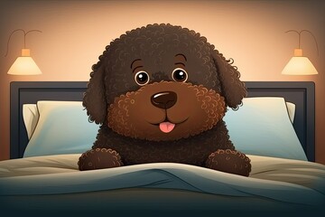 Canvas Print - A brown Spanish water dog with a cute face and large brown eyes is having a good time on the bed. Indoor Portraiture. Generative AI