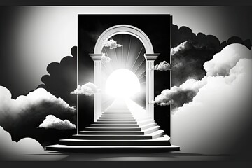 Poster - the digital art,, concept art, black and white stairs that lead through the gate portal into heaven.