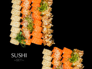 Wall Mural - Set of different types of sushi rolls. A lot of sushi isolated on black background with text and copy space. Ready square restaurant menu banner. Assortment of dragon and inside out rolls