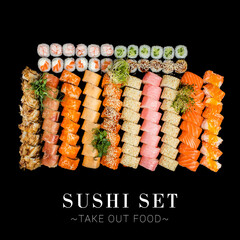 Wall Mural - Set of different types of sushi rolls. A lot of sushi isolated on black background with text and copy space. Ready square restaurant menu banner. Assortment of dragon, Maki and inside out rolls