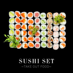 Wall Mural - Variety of Japanese Maki sushi roll pieces isolated on black background. Large set with salmon, tuna, shrimp, avocado, cucumber with micro greens on top. Ready banner concept with text, copy space