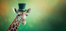 Funny Giraffe Wearing Grenn Hat Celebrating Saint Patrick Day On A Blurred Background. Generative AI