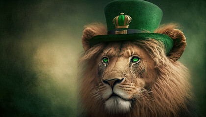 Powerful lion with green hat celebrating Saint Patrick day on blurred background. Generative AI