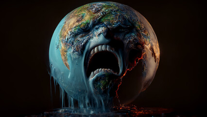 ruined planet earth screaming and crying in despair, environmental crisis or end of the world concep