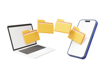 Poster - 3D icon design smartphone moving file folders into computer laptop backup documents information management, storage share data, finance business. 3d render. illustration minimal cartoon style