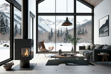 Modern Living Room With Fireplace, Forest Challet Interior In Winter, Snowy Mountain View Out Of Windows. Generative AI
