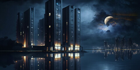 Wall Mural - night city ,blue sea starry sky and moon   light lightrning on dramatic cloudy stormy sky  ,  modern buildings on horizon  blurred light on horizon at sea blue water wave  generated ai