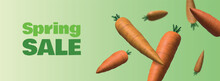 Fresh Spring Flying Carrots On A Green Background. Spring Sale Vector Banner.