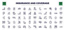 Set Of Insurance And Coverage Thin Line Icons. Insurance And Coverage Outline Icons Such As Engine Problems, Real Estate Insurance, Slippery Road, Long Term Protection, Parking Crash, Family Care,