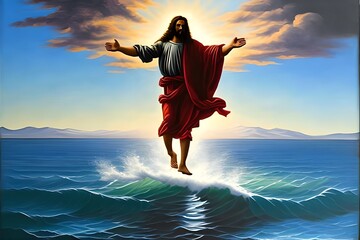 Oil Paint of christ walking on water, jesus walk on water sea of galilee. Generative AI