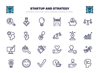 set of startup and strategy thin line icons. startup and strategy outline icons such as resources, bulb, piggybank, startup head, strategy choice, project search, hire, happiness, coffee break,