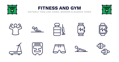 Wall Mural - set of fitness and gym thin line icons. fitness and gym outline icons such as abdominal exercises, steroids, fitness watch, bracelet, running hine, running hine, headgear, shorts, push up, wheel