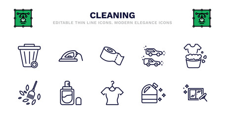 set of cleaning thin line icons. cleaning outline icons such as iron cleanin, toilet paper cleanin, clean cars, washing cleanin, leaf leaf perfume dress bleach window vector.