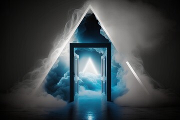 Canvas Print - Abstract background featuring a bright neon triangular doorway suspended above a black concrete floor and billowing smoke in the distance. Generative AI