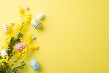 Wall Mural - easter decorations concept. top view photo of colorful easter eggs and mimosa flowers on isolated ye