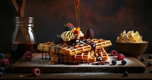Belgian Waffles With Various Toppings, Berries And Sauce On Dark Background. AI Generative