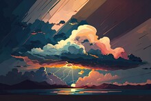 Cloudy, Pre Rain Sky. Ambient Music Based On A Gloomy Natural Storm. Extremely Dramatic And Cloudy Storm Sky. A Sky At Sunset Obscured By Dark Clouds. Generative AI