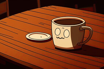 Sticker - A wooden table with a coffee mug on it. Generative AI