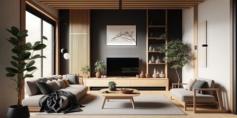 the interior of a living room designed with a japandi style emphasizes simplicity, natural elements,