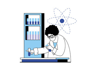Aufkleber - Medical concept with character situation. Doctor researcher makes chemical tests in laboratory, studies diseases and develops drugs in lab. Illustrations with people scene in flat design for web
