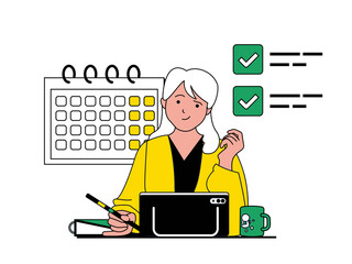 Wall Mural - Productivity workplace concept with character situation. Woman plans tasks on calendar and successfully completes tasks before deadline. Illustrations with people scene in flat design for web