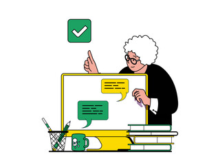 Wall Mural - Productivity workplace concept with character situation. Woman analyzes and optimizes workflow processes, communicate with colleagues. Illustrations with people scene in flat design for web