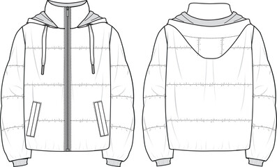 Poster - Unisex Quilted Hooded Zip-up Puffer Jacket. Technical fashion illustration. Front and back, white color. Unisex CAD mock-up.