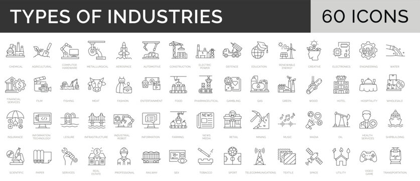 set of 60 line icons. collection of 60 types of types of industries. different kinds of engineering,