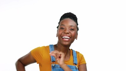 Canvas Print - Dance, happy and smile with face of black woman for achievement, celebration and salsa. Freedom, music and excited with girl dancing for confident, promotion and winner in white background studio