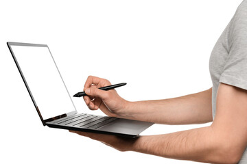 A man in a T-shirt holds a laptop, an ultrabook, and puts an electronic signature with his other hand.