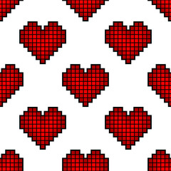 Wall Mural - Red pixel hearts isolated on white background. Cute seamless pattern. Vector simple flat graphic illustration. Texture.