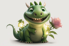 A Small, Cute Green Dragon In The Grass. Flowers And Lights. Spring Or Summer. AI Generative