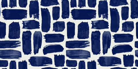 Abstract brush stroke painting seamless pattern illustration. Modern paint line background in blue color. Messy graffiti sketch wallpaper print, rough hand drawn texture.