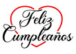 © teracreonte - Celebración de cumpleaños. Logo aislado con texto manuscrito Feliz Cumpleaños en español con silueta de corazón lineal para su uso en felicitaciones y tarjetas