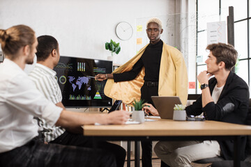 Wall Mural - Group of four multi ethnic partners sitting at desk and listening speech of african american man near huge monitor with various graphs and charts. Business meeting at office.