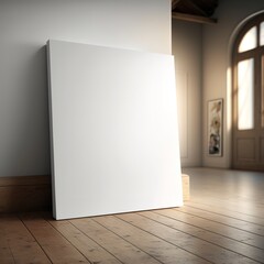 Canvas Print - large white blank unframed canvas standing on a wooden floor, generative AI