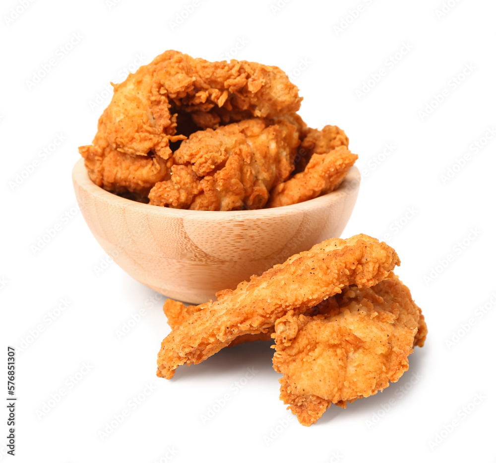 Bowl of tasty nuggets isolated on white background