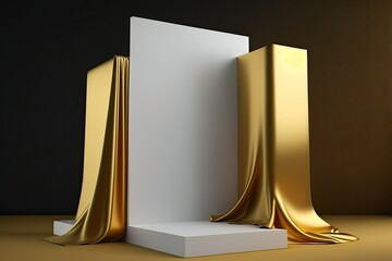 Poster - the concept of luxury is represented by a sheet of gold fabric or cloth put atop a blank podium shel