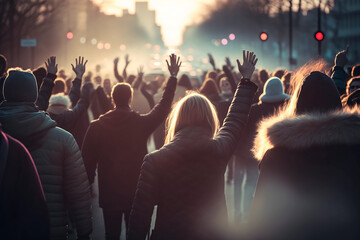 Crowd of people at a protest rally in America against the current government with their hands in the air, view from the back, peaceful march of the country's for freedom and democracy. Generative AI