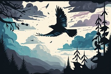 Wall Mural - Silhouetted bird in flight over a cloudy, forested landscape with a dramatic, overcast sky. Generative AI