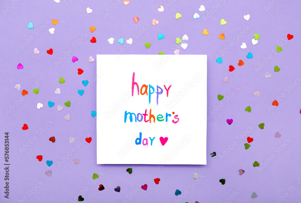 Card with text HAPPY MOTHER'S DAY and sequins on lilac background