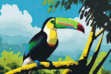 Canvas Print - Large beaked bird Ramphastos sulfuratus (Keel billed Toucan) in its natural habitat with prey in the beak against a blue sky in Belize. Generative AI