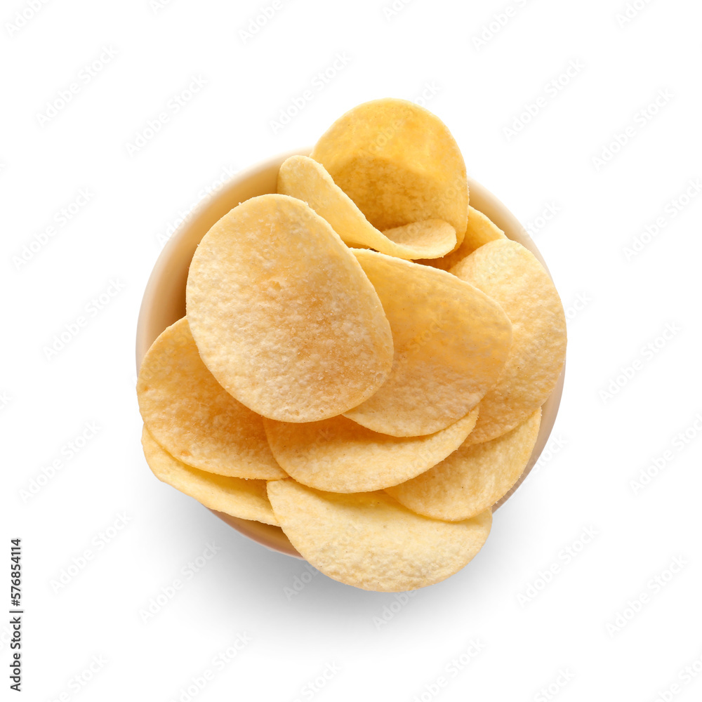 Bowl with delicious potato chips isolated on white background