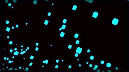 Poster - Stream of pulsating cubes in space. Design. Glowing cubes in air. Animation with flying 3d cubes in stream on black background