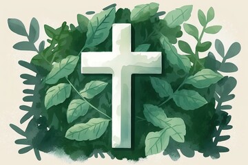 Poster - imagination in watercolor. the white cross of christianity stands out against the green eucalyptus f