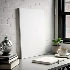 Wall Mural - large white blank canvas without frame hanging on the wall of modern light interior, generative AI